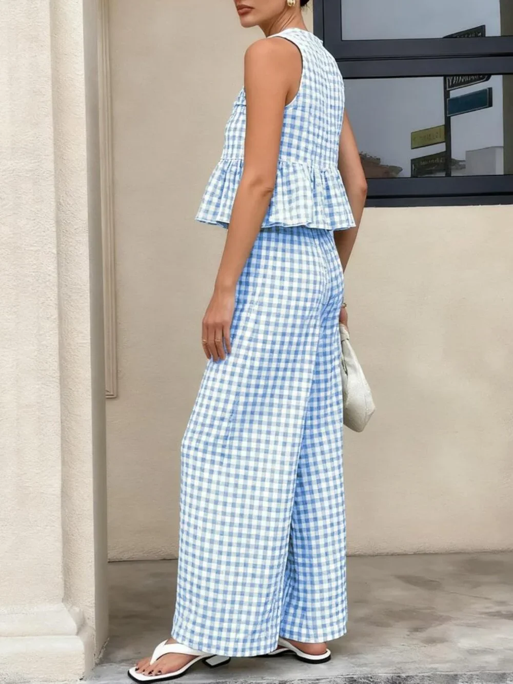 Women's 2 Piece Set Outfits Gingham Plaid Tank Tops Wide Leg Pants Matching Loun